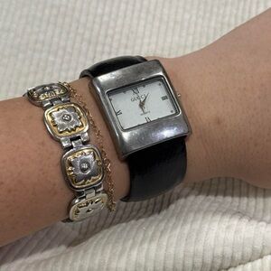 Gucci Silver Square Watch with Black Leather Strap